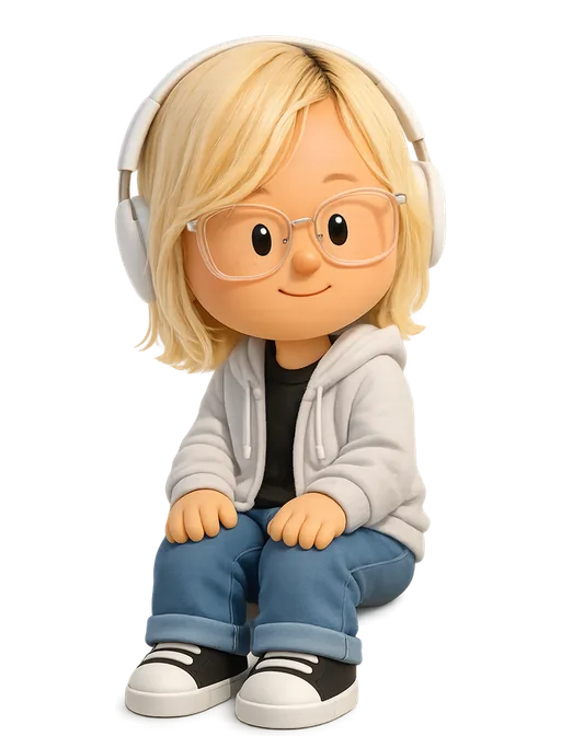 Hannah Ahn drawn as a chunky cartoon kid on the Backyard Designers bench