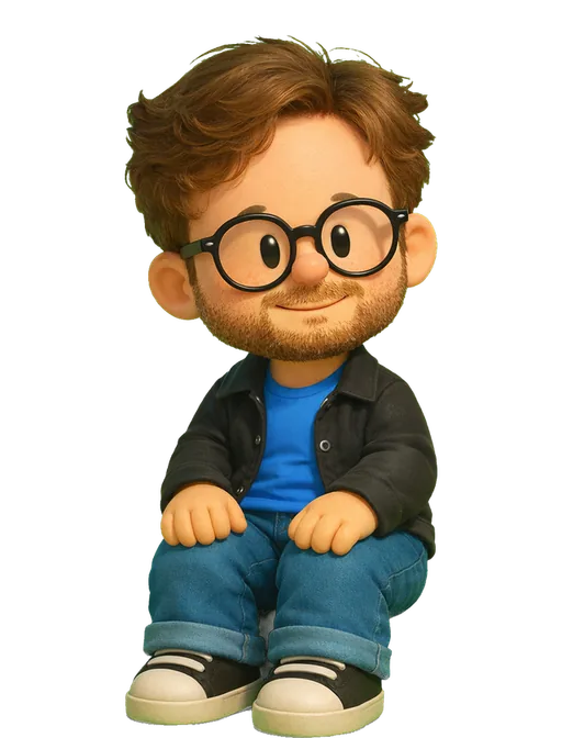 Henry Modisett drawn as a chunky cartoon kid on the Backyard Designers bench