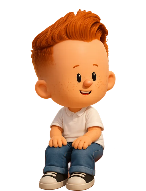 David Hill drawn as a chunky cartoon kid on the Backyard Designers bench