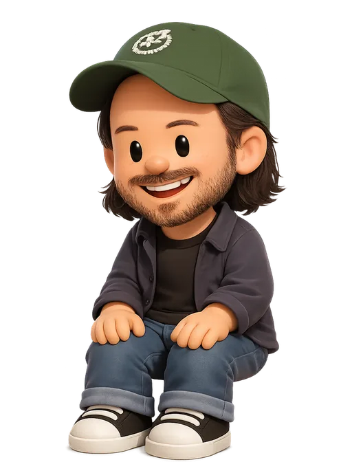 Ian Silber drawn as a chunky cartoon kid on the Backyard Designers bench