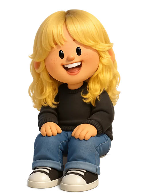 Inga Hampton drawn as a chunky cartoon kid on the Backyard Designers bench