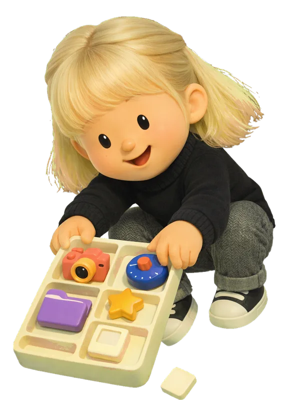 Jackie Hu drawn as a chunky cartoon kid mid-play in the Backyard Designers yard