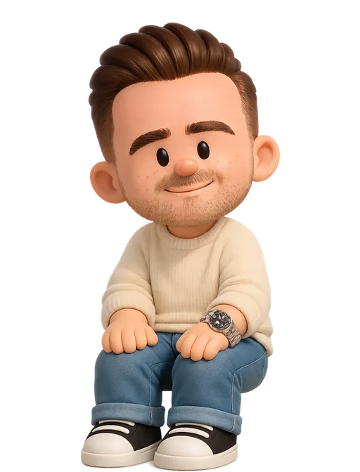 James McDonald drawn as a chunky cartoon kid on the Backyard Designers bench