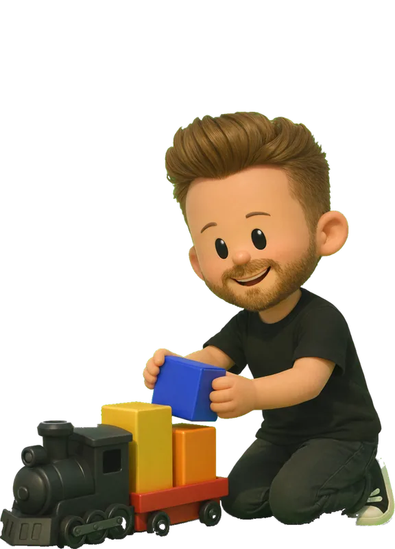 Jason Marder drawn as a chunky cartoon kid mid-play in the Backyard Designers yard