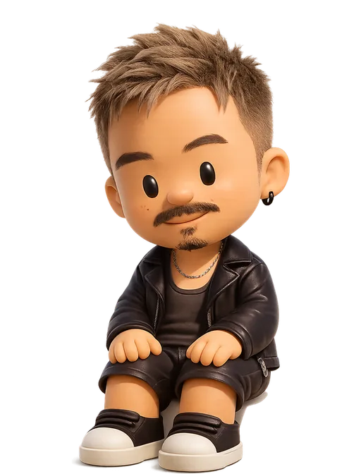 Jason Yuan drawn as a chunky cartoon kid on the Backyard Designers bench