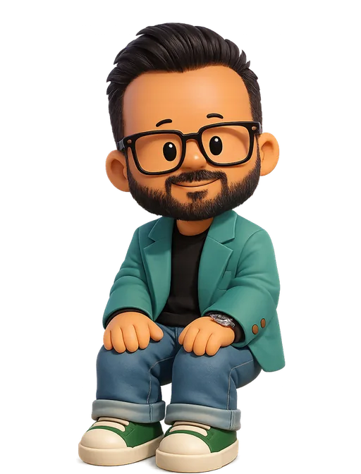 Jayneil Dalal drawn as a chunky cartoon kid on the Backyard Designers bench