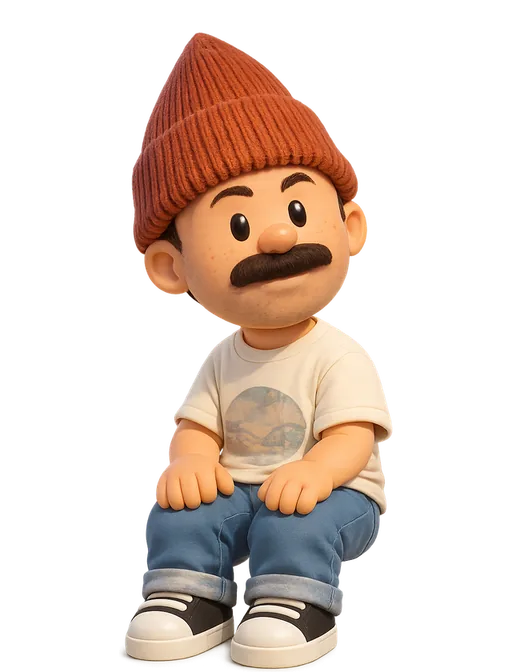 Justin Rands drawn as a chunky cartoon kid on the Backyard Designers bench