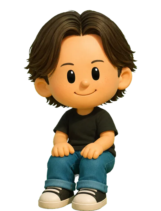 Jaytel drawn as a chunky cartoon kid on the Backyard Designers bench