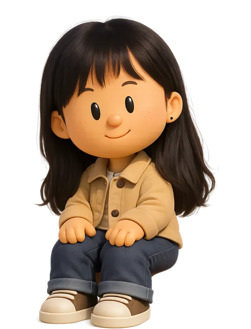Jenny Wen drawn as a chunky cartoon kid on the Backyard Designers bench