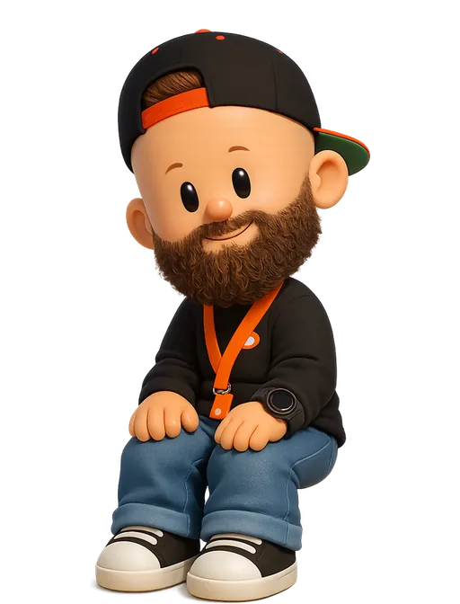 Jhey Tompkins drawn as a chunky cartoon kid on the Backyard Designers bench