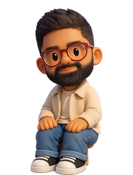 Janum Trivedi drawn as a chunky cartoon kid on the Backyard Designers bench