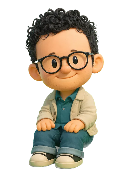 Joel Lewenstein drawn as a chunky cartoon kid on the Backyard Designers bench
