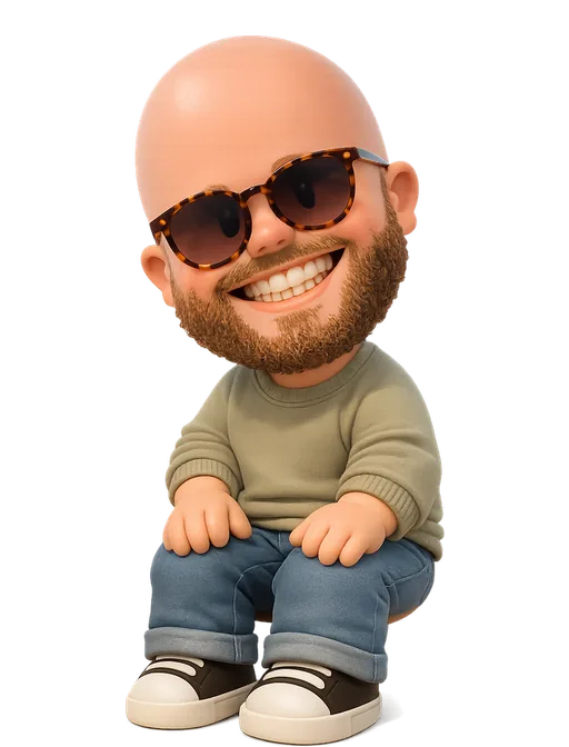 Jorn van Dijk drawn as a chunky cartoon kid on the Backyard Designers bench