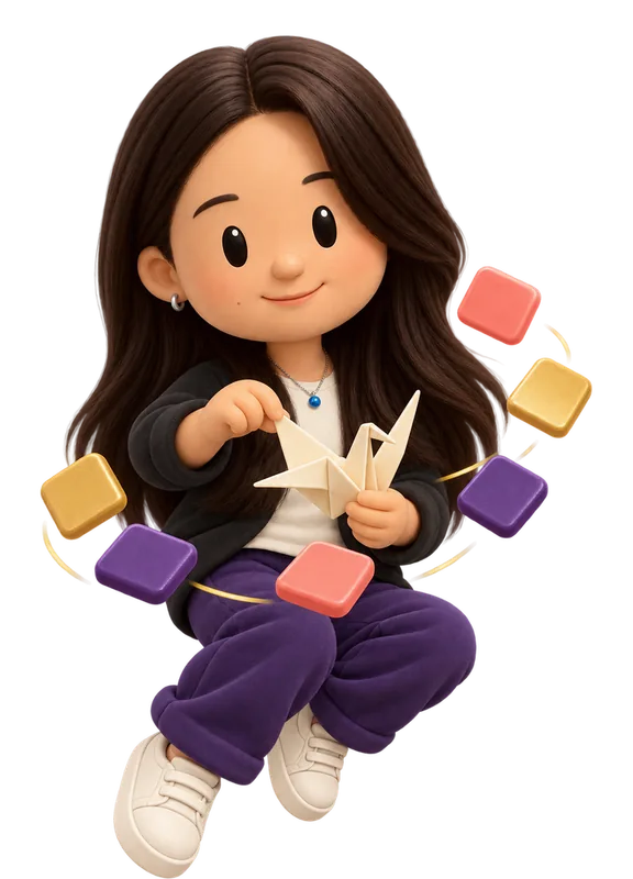 Josephine Onggowarsito drawn as a chunky cartoon kid mid-play in the Backyard Designers yard