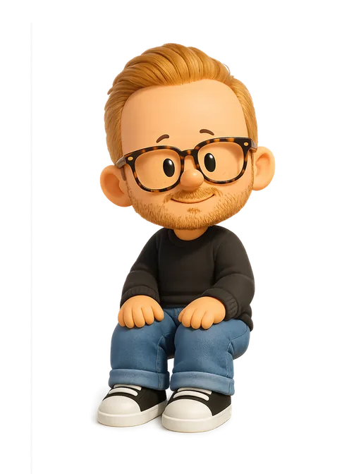 Josh Puckett drawn as a chunky cartoon kid on the Backyard Designers bench