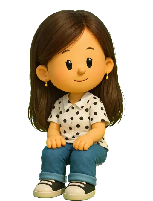 Julie Zhuo drawn as a chunky cartoon kid on the Backyard Designers bench