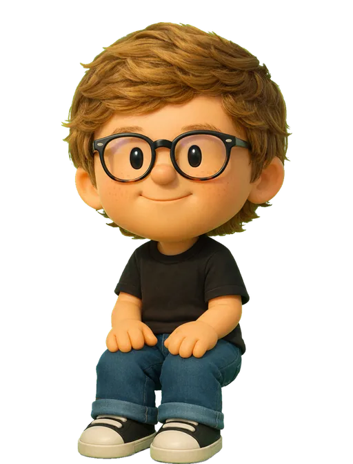 Jordan Singer drawn as a chunky cartoon kid on the Backyard Designers bench