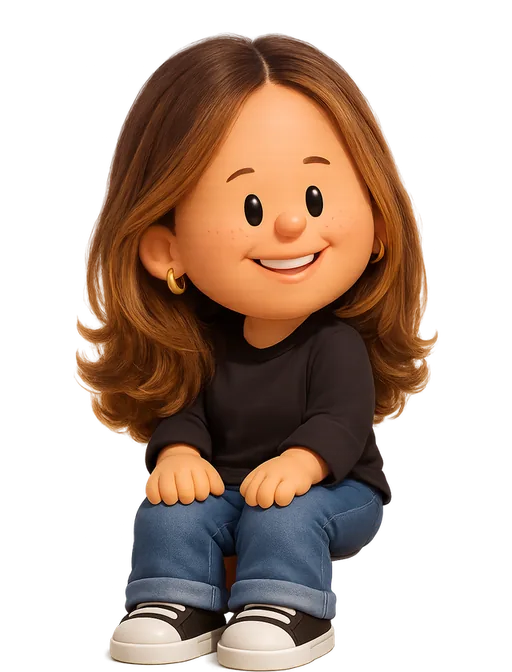 Jessica Strelioff drawn as a chunky cartoon kid on the Backyard Designers bench