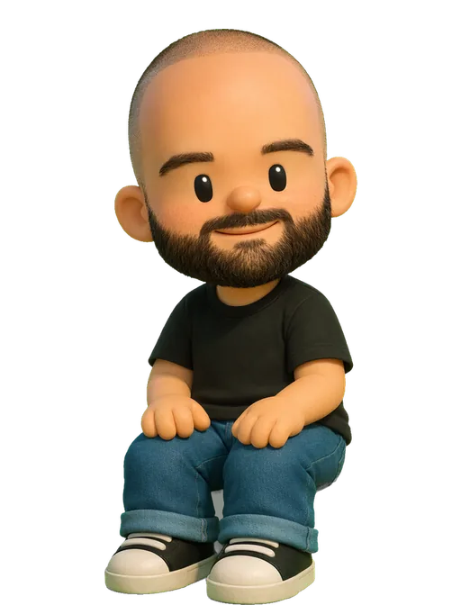 Justin Farrugia drawn as a chunky cartoon kid on the Backyard Designers bench