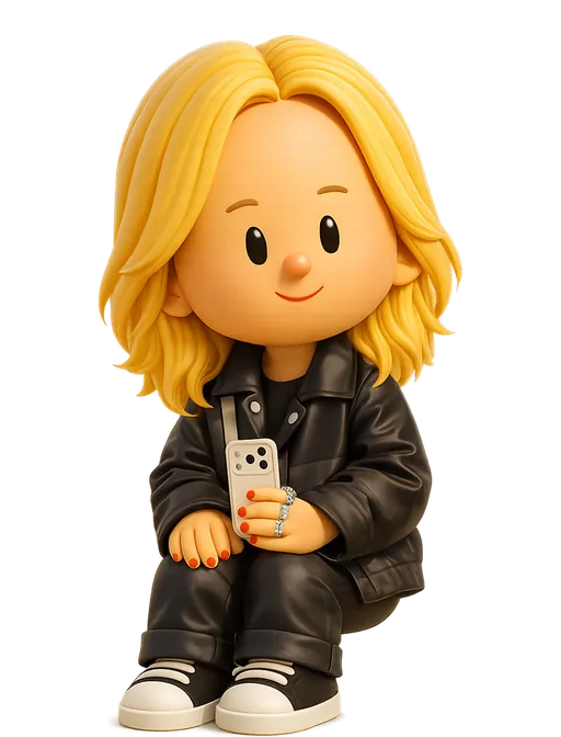 Katarina Batina drawn as a chunky cartoon kid on the Backyard Designers bench
