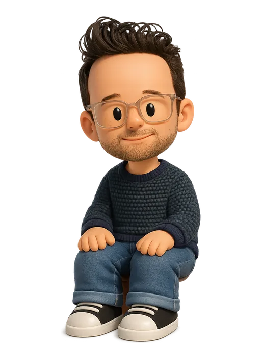 Kevin Twohy drawn as a chunky cartoon kid on the Backyard Designers bench