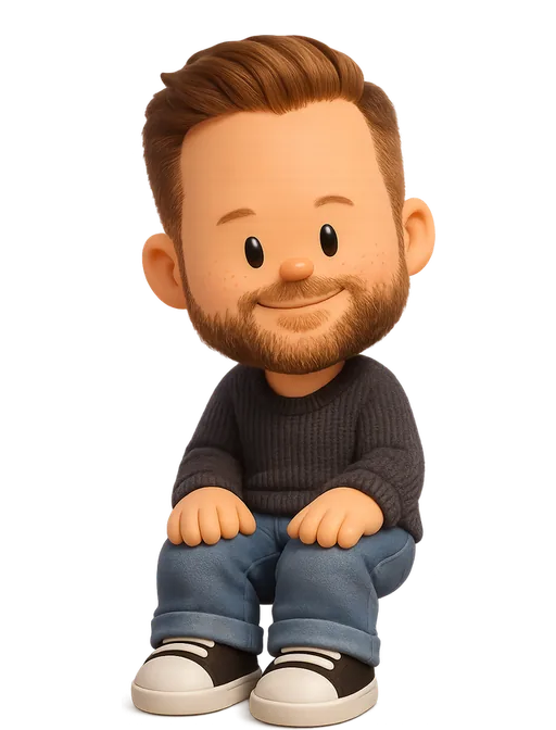 Kris Puckett drawn as a chunky cartoon kid on the Backyard Designers bench