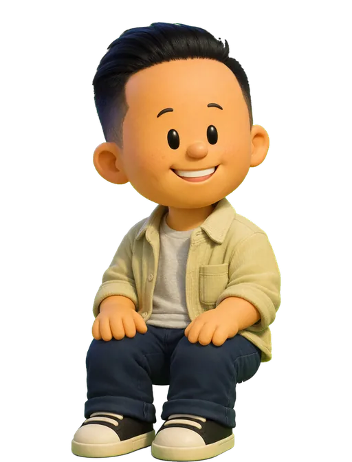 Kevin Wong drawn as a chunky cartoon kid on the Backyard Designers bench