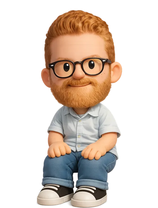 Kyle Zantos drawn as a chunky cartoon kid on the Backyard Designers bench