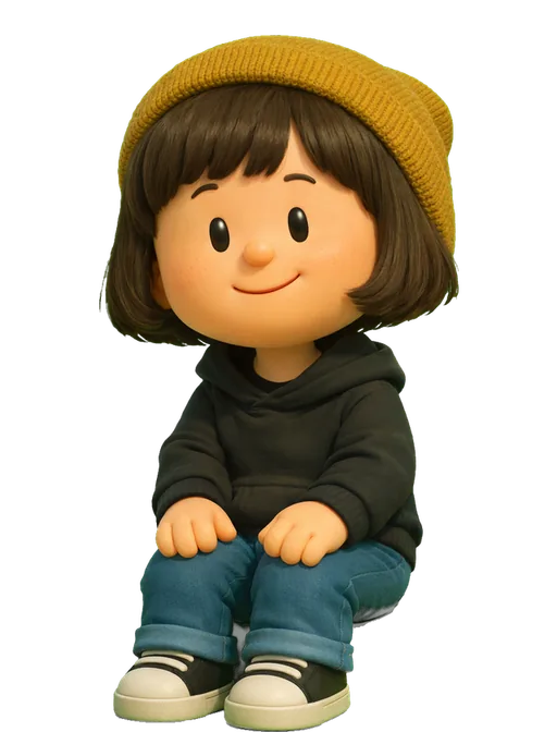 Lauren LoPrete drawn as a chunky cartoon kid on the Backyard Designers bench