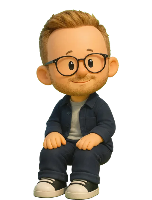 Liam Matteson drawn as a chunky cartoon kid on the Backyard Designers bench
