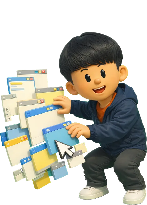 Lichin Lin drawn as a chunky cartoon kid mid-play in the Backyard Designers yard