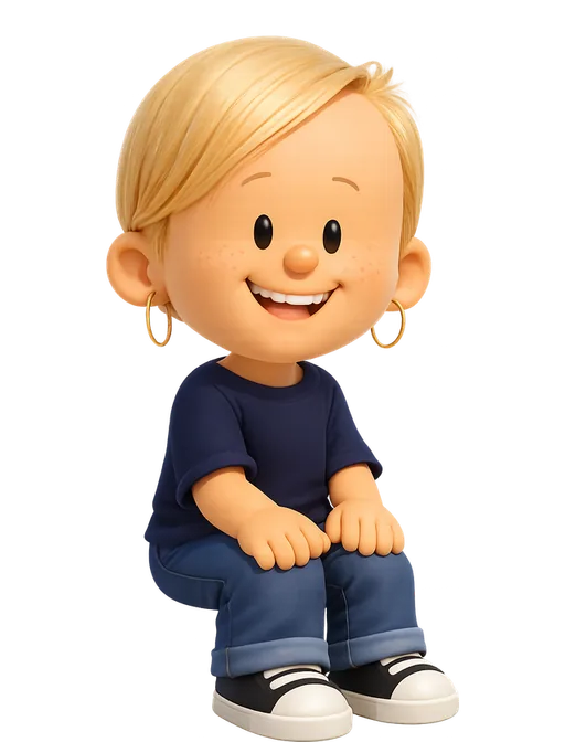 Katie Dill drawn as a chunky cartoon kid on the Backyard Designers bench