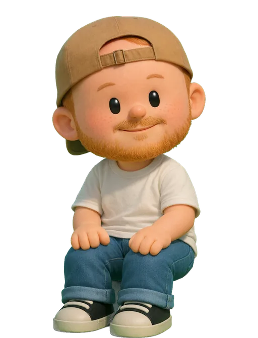 Lochie Axon drawn as a chunky cartoon kid on the Backyard Designers bench