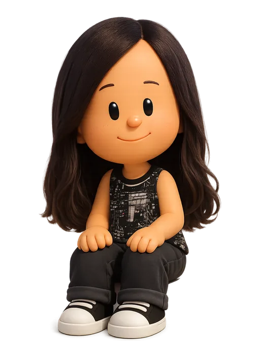 Loredana Crisan drawn as a chunky cartoon kid on the Backyard Designers bench