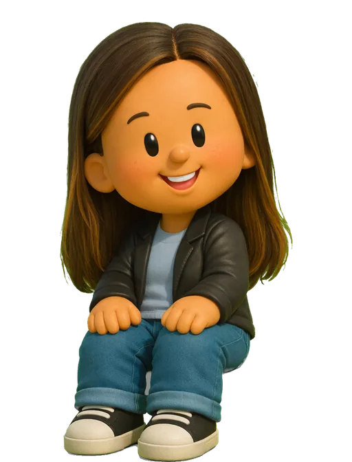 Maheen Sohail drawn as a chunky cartoon kid on the Backyard Designers bench