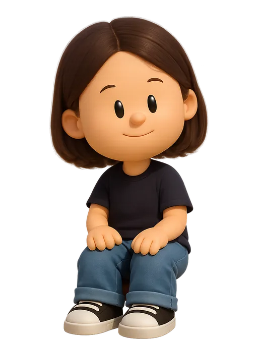 Maggie Appleton drawn as a chunky cartoon kid on the Backyard Designers bench