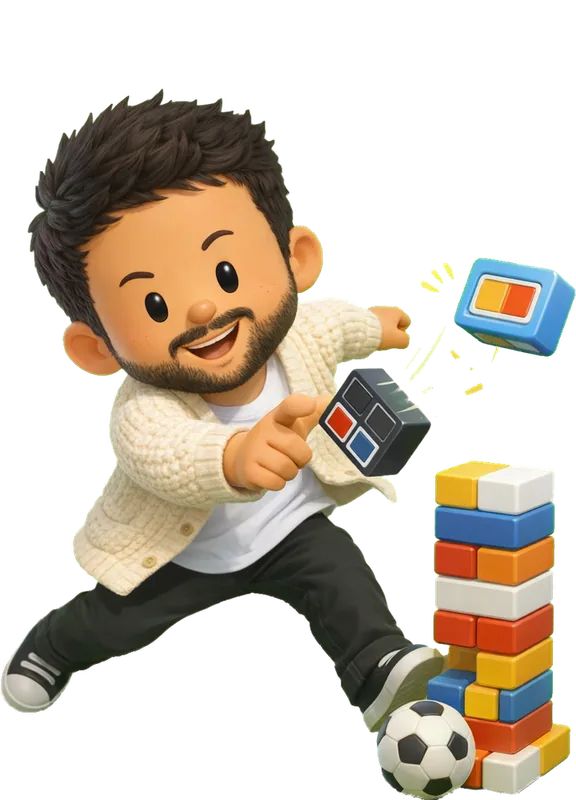Marco Cornacchia drawn as a chunky cartoon kid mid-play in the Backyard Designers yard