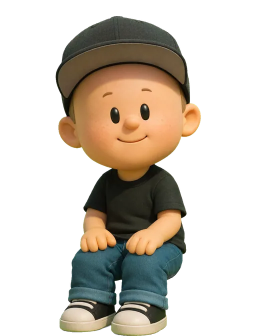 Tim Van Damme drawn as a chunky cartoon kid on the Backyard Designers bench