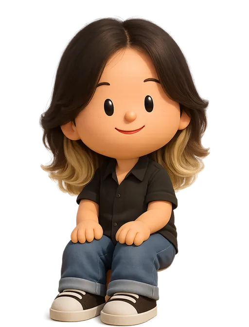 Meaghan Choi drawn as a chunky cartoon kid on the Backyard Designers bench