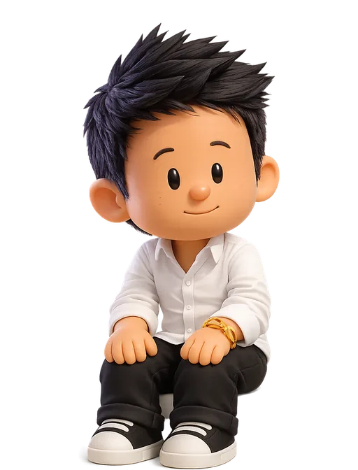 Meng To drawn as a chunky cartoon kid on the Backyard Designers bench