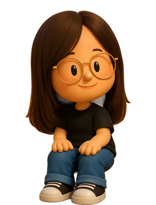 Mery Kaftar drawn as a chunky cartoon kid on the Backyard Designers bench