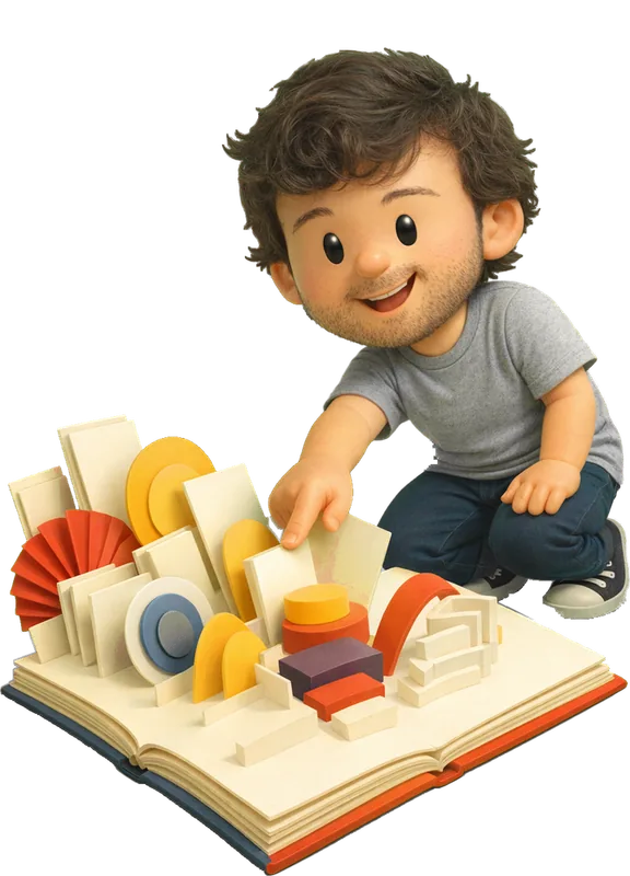 Mike Matas drawn as a chunky cartoon kid mid-play in the Backyard Designers yard