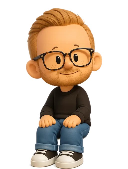 Mike Smith drawn as a chunky cartoon kid on the Backyard Designers bench