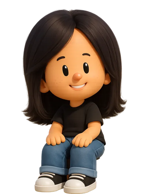 Aakanksha Mirdha drawn as a chunky cartoon kid on the Backyard Designers bench