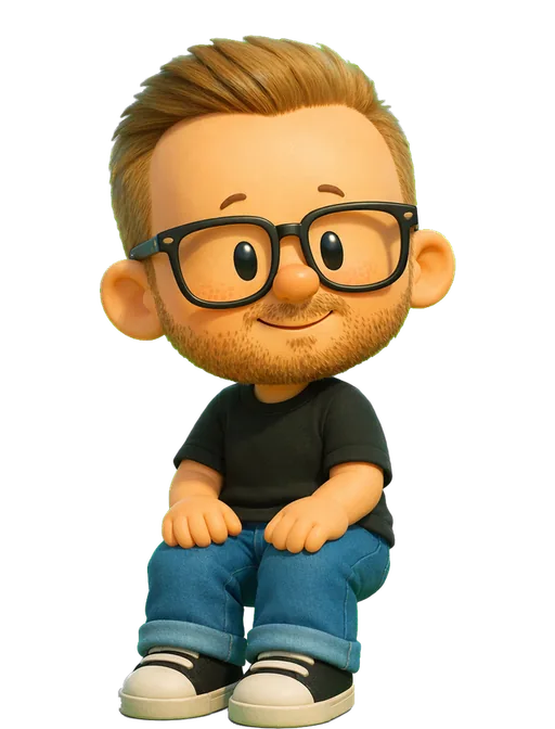 Lee Black drawn as a chunky cartoon kid on the Backyard Designers bench