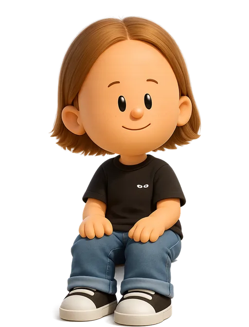 Marvin Schwaibold drawn as a chunky cartoon kid on the Backyard Designers bench