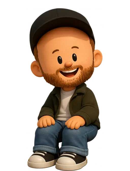 Matt Sellers drawn as a chunky cartoon kid on the Backyard Designers bench