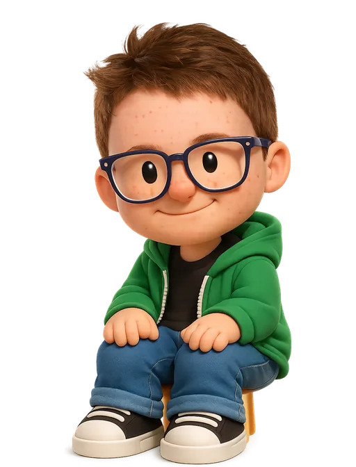 Nate Parrott drawn as a chunky cartoon kid on the Backyard Designers bench