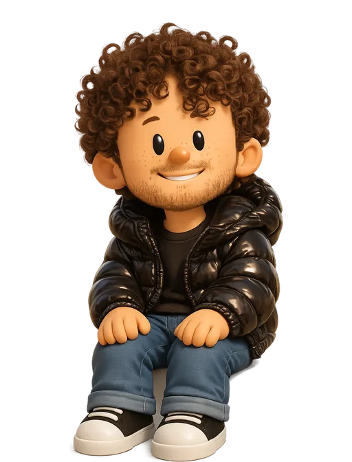 Nev Flynn drawn as a chunky cartoon kid on the Backyard Designers bench