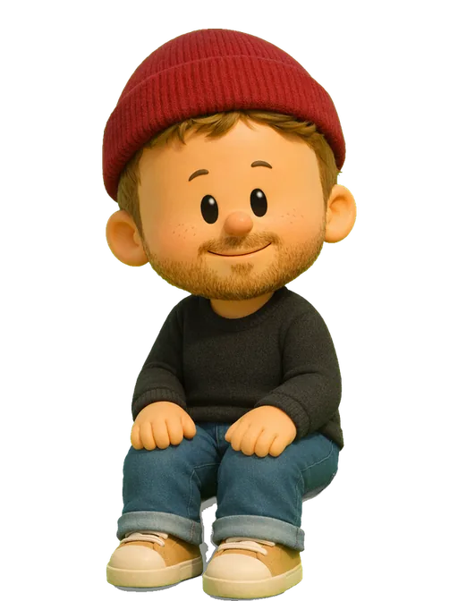 Nikolas Klein drawn as a chunky cartoon kid on the Backyard Designers bench